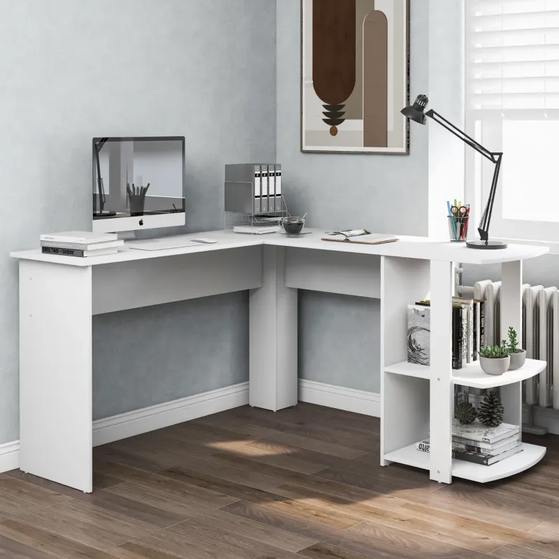 L-Shaped Corner Desk with Storage Shelves - Large White Computer Workstation