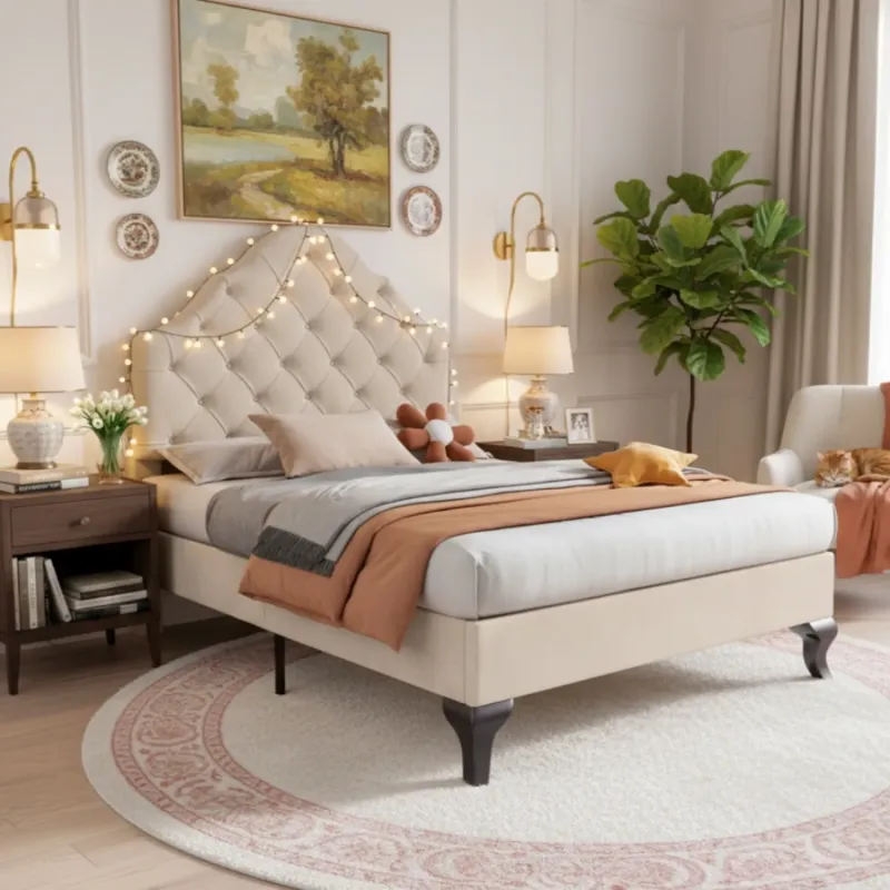 Single Upholstered Velvet Bed Frame with Adjustable Headboard - Beige