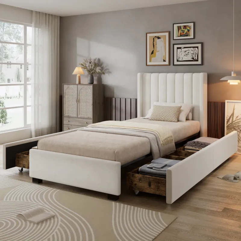 Upholstered 3FT Single Storage Bed with 4 Drawers, Beige Velvet