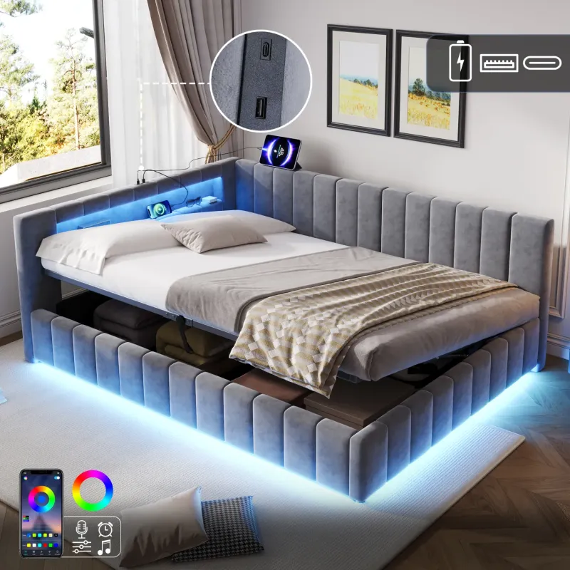 4ft6 Double Side-Opening Velvet Ottoman Storage Bed with LED Lights and USB Charging - Grey