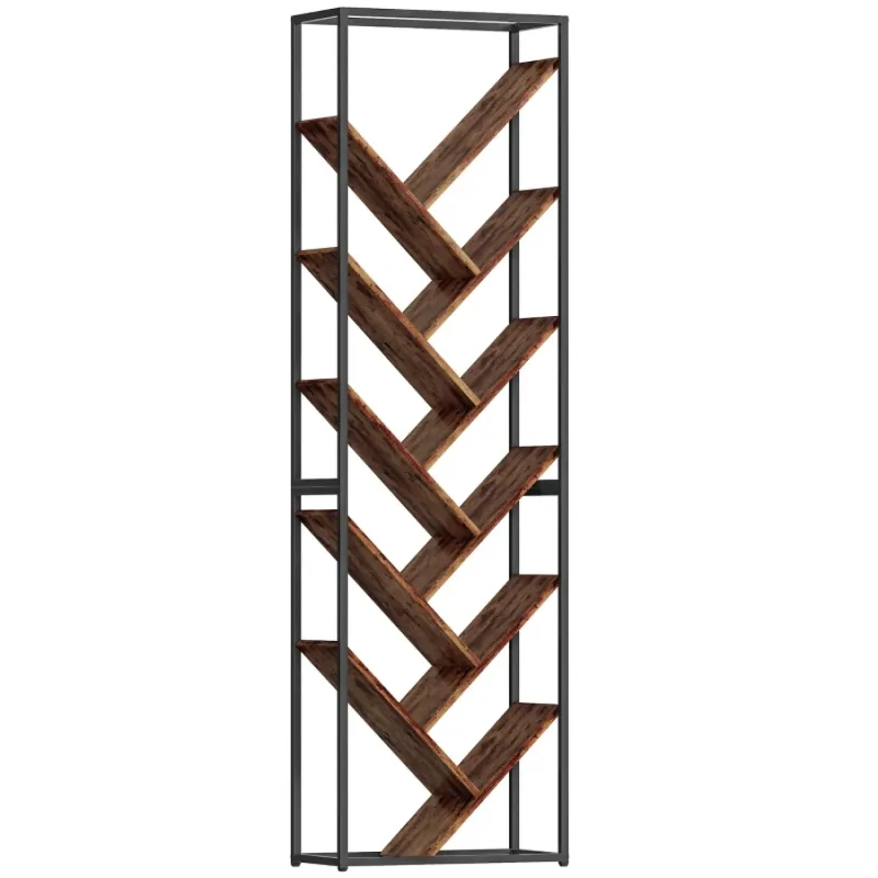  10-Tier Industrial Tree Bookshelf - Rustic Brown & Black