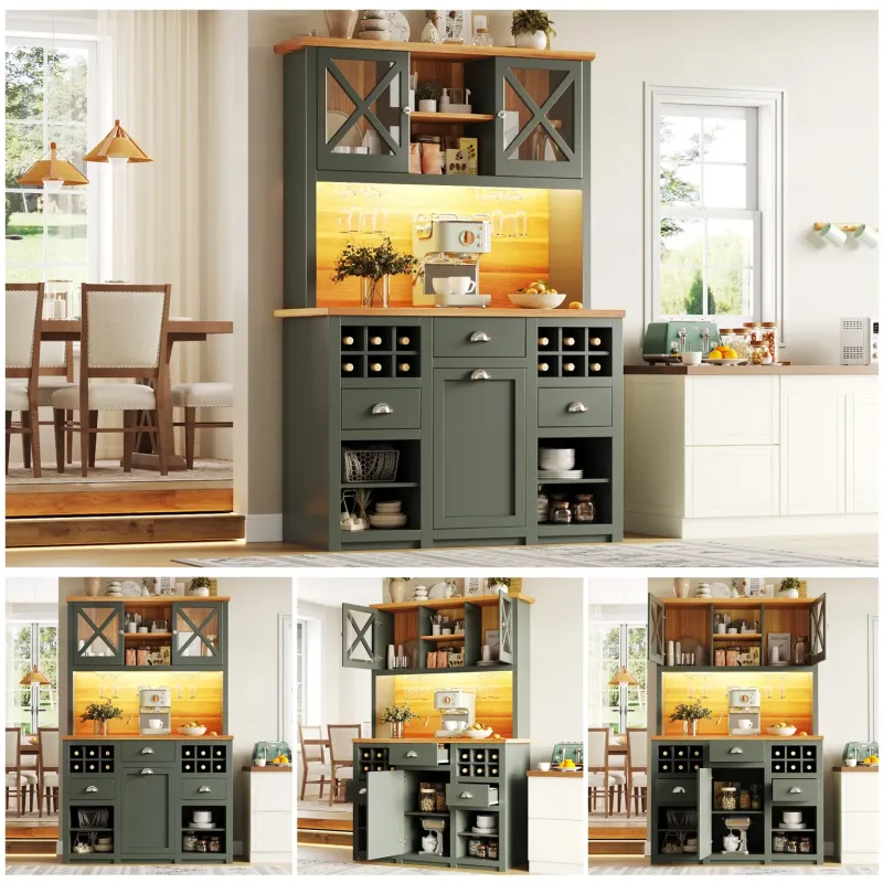 Kitchen Larder Cupboard with LED Lighting, Wine Rack & Power Outlets - 120cm - Green