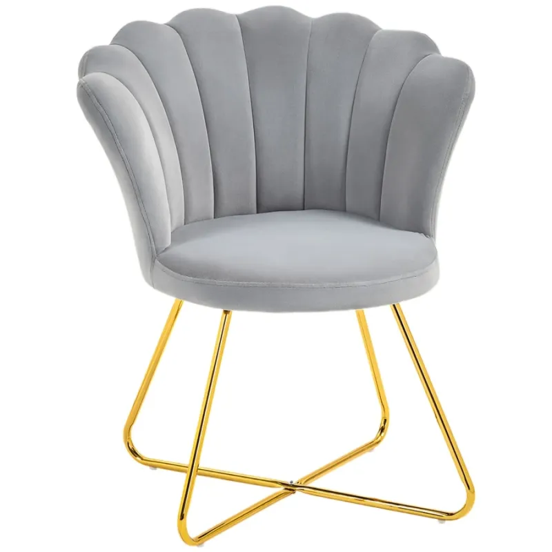 Velvet-Feel Armchair in Grey with Scalloped Back