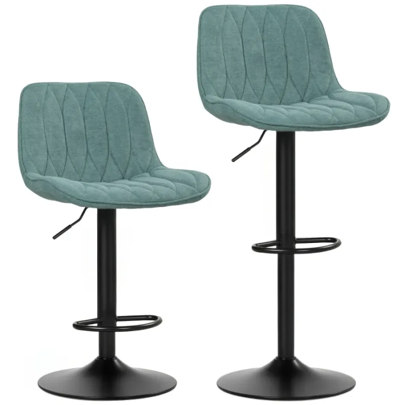 Set of 2 Green Linen-Look Adjustable Swivel Bar Stools