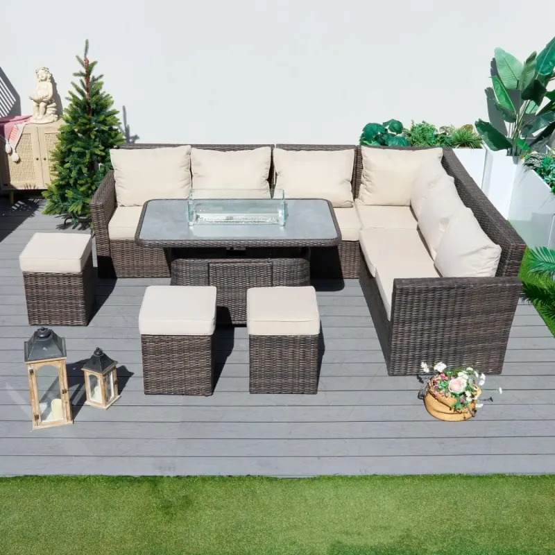 9-Seater Rattan Garden Corner Sofa Set with Lift-Top Fire Pit Table