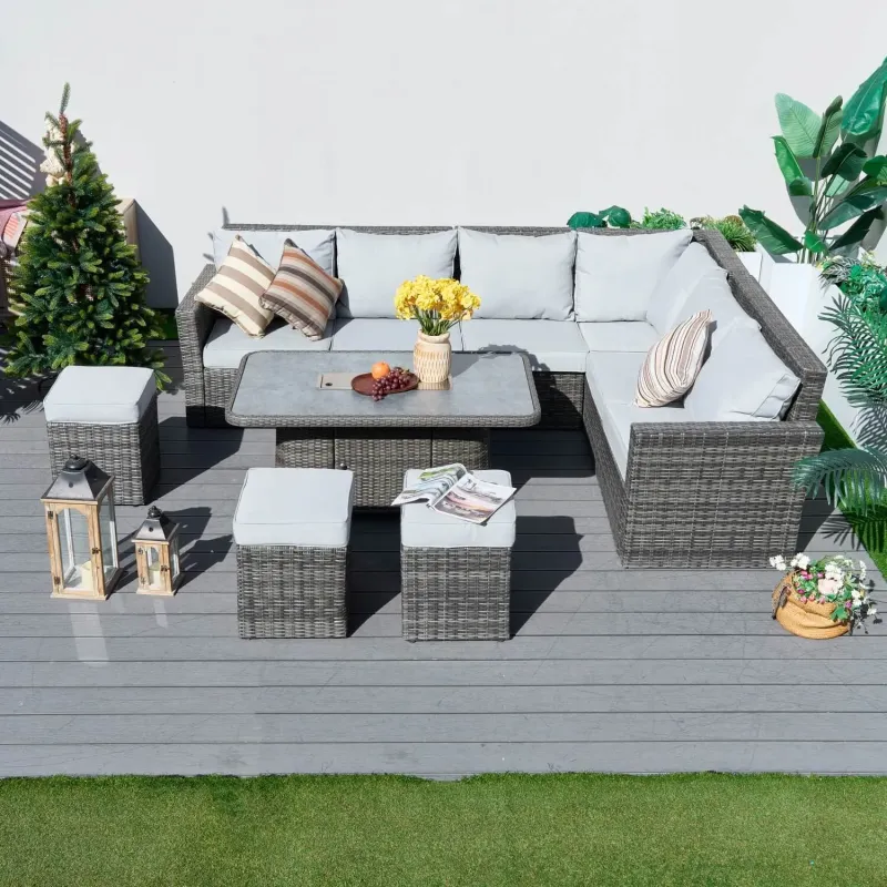 9-Seater Rattan Garden Corner Sofa Set with Lift-Top Fire Pit Table
