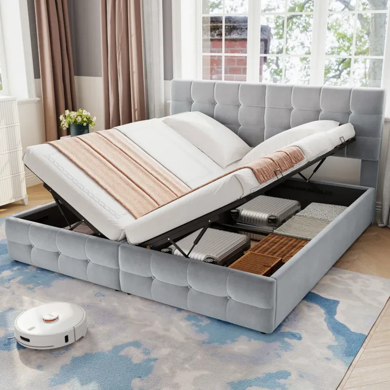Grey Velvet Super King Hydraulic Storage Bed - Spliced Design (180 x 190cm)