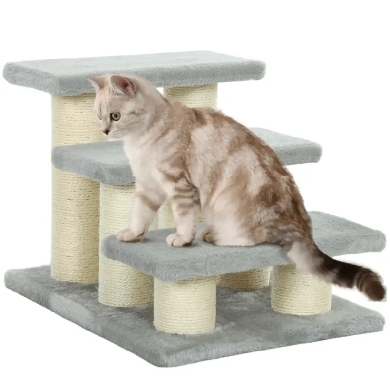 Pet Stairs with Sisal Scratching Posts, 3-Step Ladder, Grey