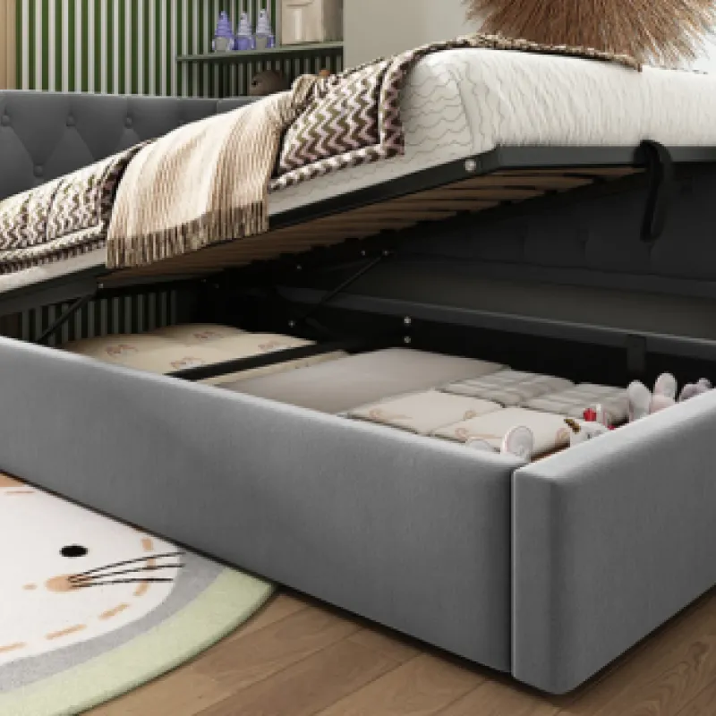 Grey Velvet 3FT Single Ottoman Daybed with Hydraulic Storage and L-Shaped Backrest