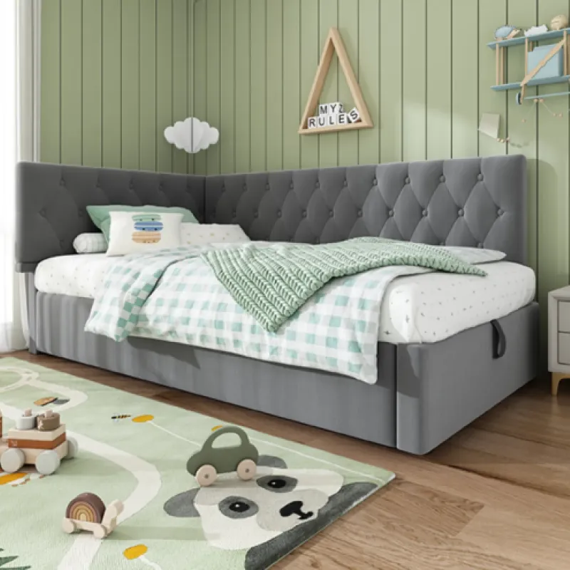 Velvet Daybed, Single, in Grey, with Hydraulic Storage