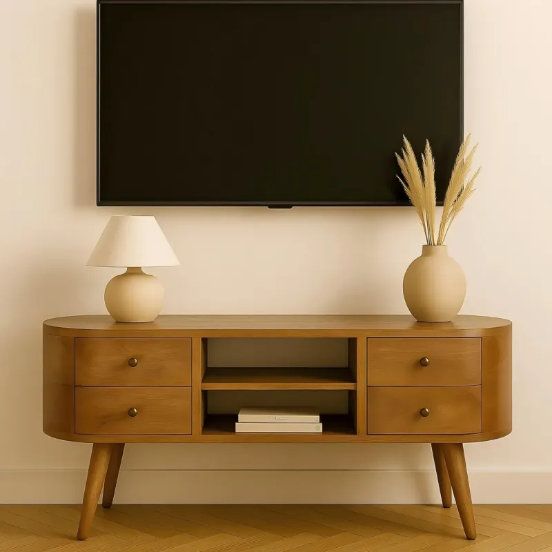Solid Mango Wood Rounded TV Unit with 4 Drawers and Open Shelving