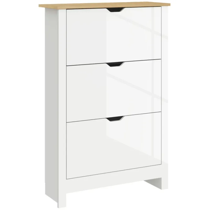 Narrow 3 Drawer Shoe Storage Cabinet with Oak Tone Top - High Gloss White
