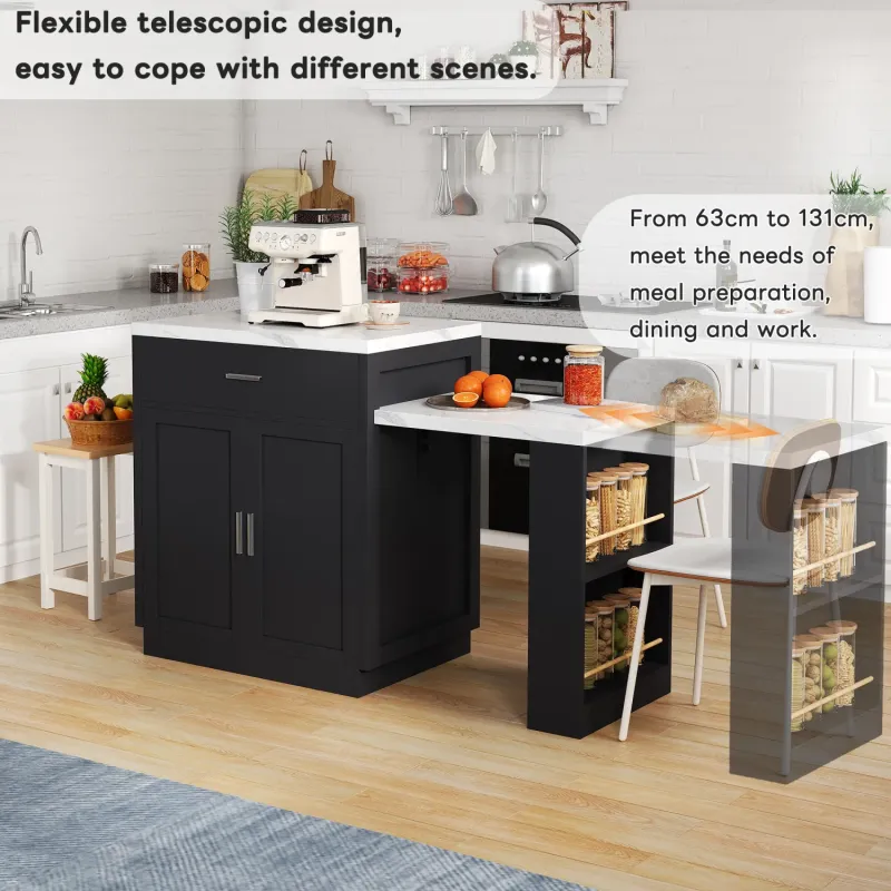 Kitchen Island with Extendable 4-6 Seater Dining Table & Charging Station - Black & White Marble Effect