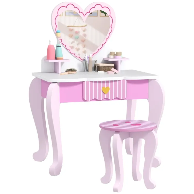 Kids' Heart-Themed Dressing Table and Stool Set with Mirror - Pink