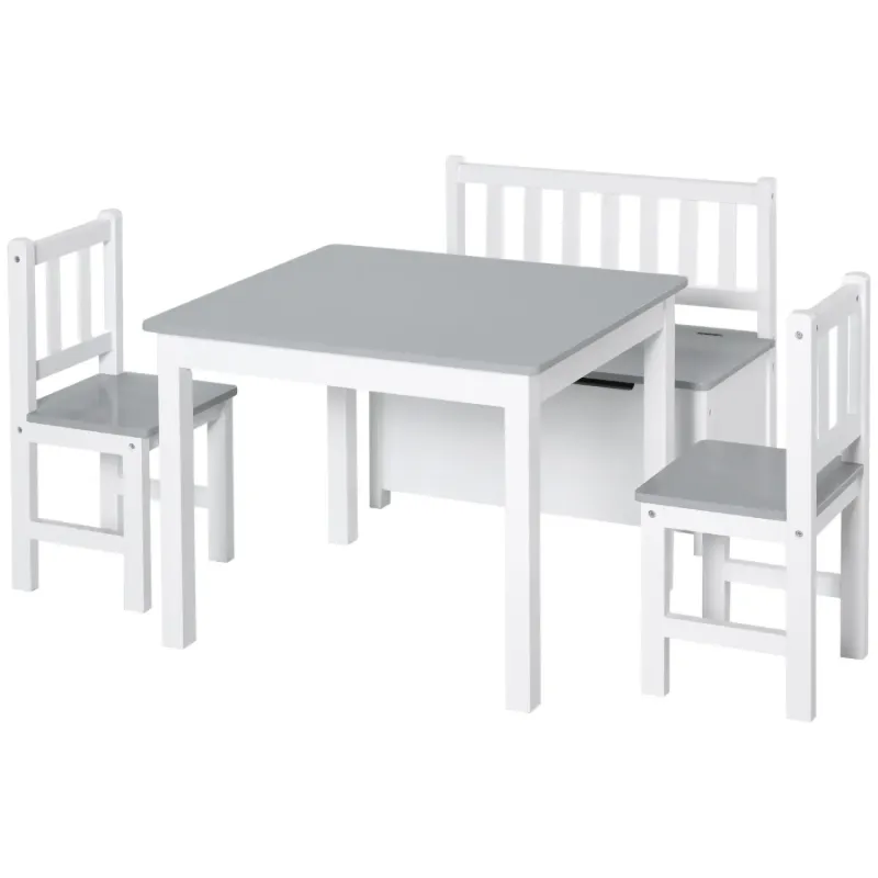 Kids 4-Piece Table and Chair Set with Storage Bench - Grey & White