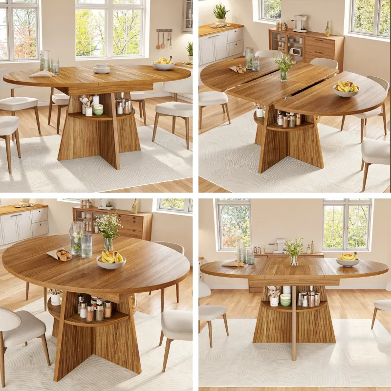 Round to Oval Extendable Dining Table with Under-Table Storage, 110-150cm - Dark Brown