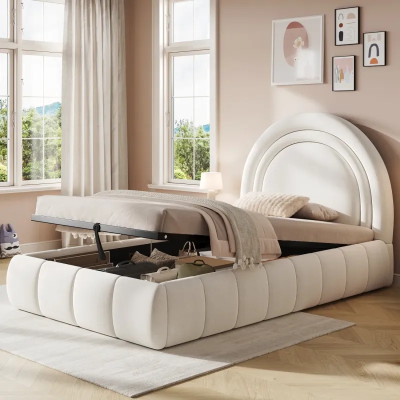 Beige Velvet Single Ottoman Bed with Padded Headboard