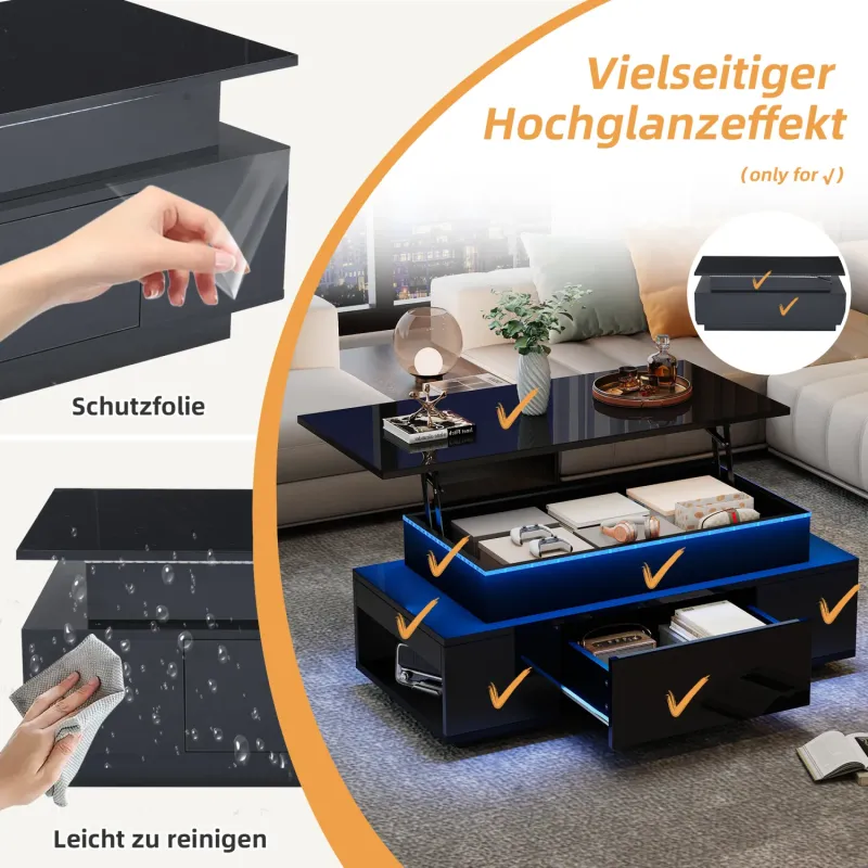 Rectangular Coffee Table, High Gloss in Black, with Hydraulic Lift Top and LED Lights