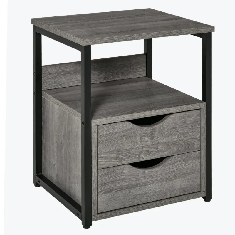 Industrial 2 Drawer Bedside Table with Storage Shelf - Grey