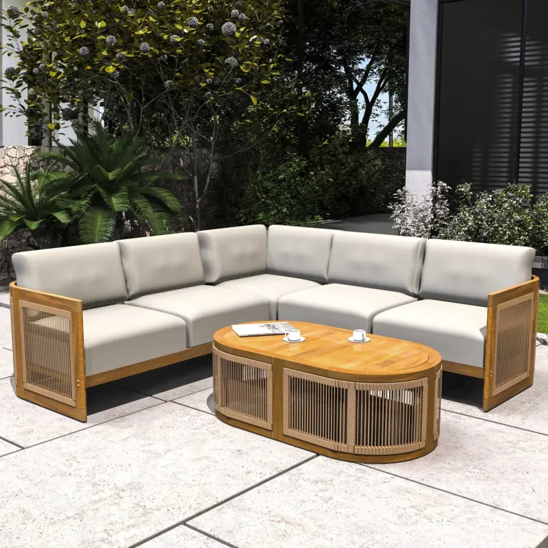 Solid Acacia Wood 4-Seater L-Shape Garden Sofa Set with Oval Coffee Table