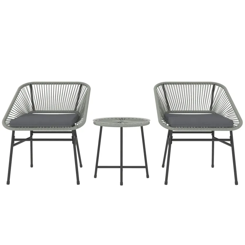 3 Piece Rattan Bistro Set with Cushions and Glass Top Coffee Table, Light Grey