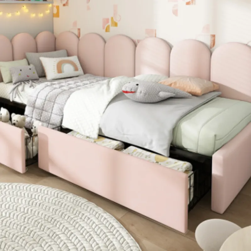 Pink Velvet 3FT Single Upholstered Daybed with 2 Storage Drawers