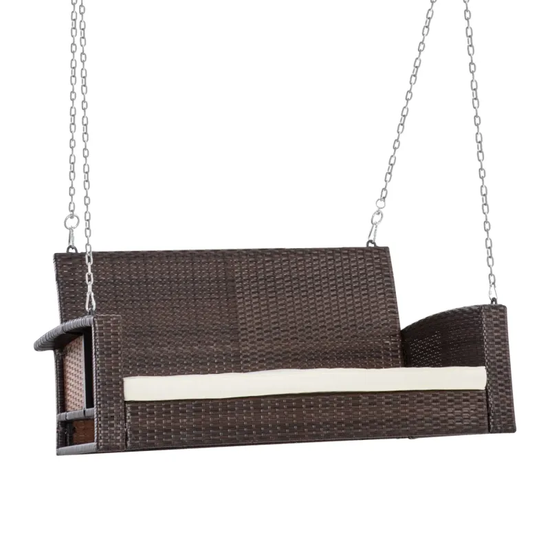  2-Seater Rattan Garden Swing Chair with Cushion - Cream White