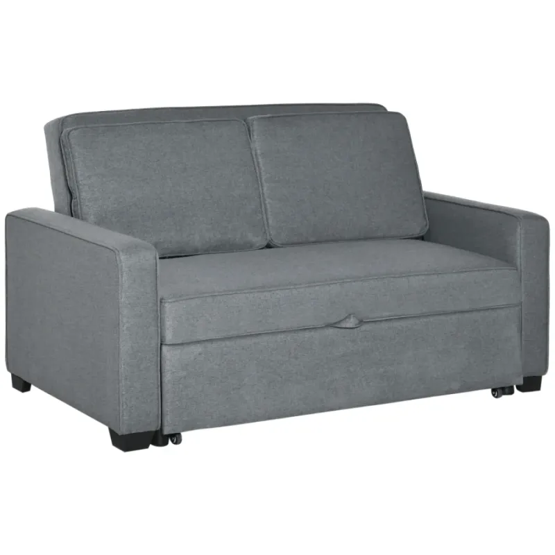 2-Seater Grey Fabric Pull-Out Sofa Bed with 3-Position Click-Clack Backrest