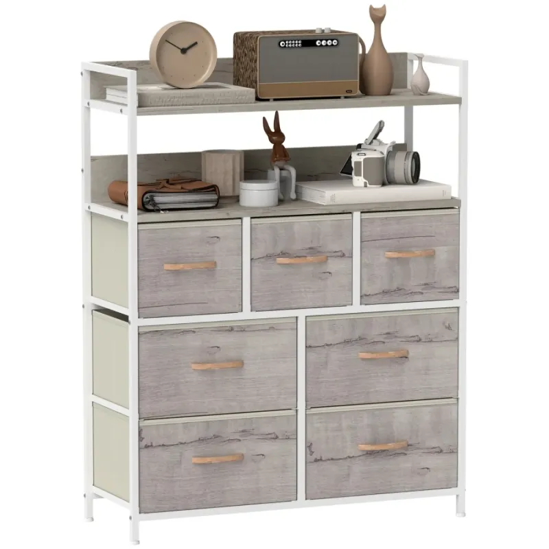 Rustic 7 Drawer Fabric Chest with 2 Shelves - Natural Wood Finish