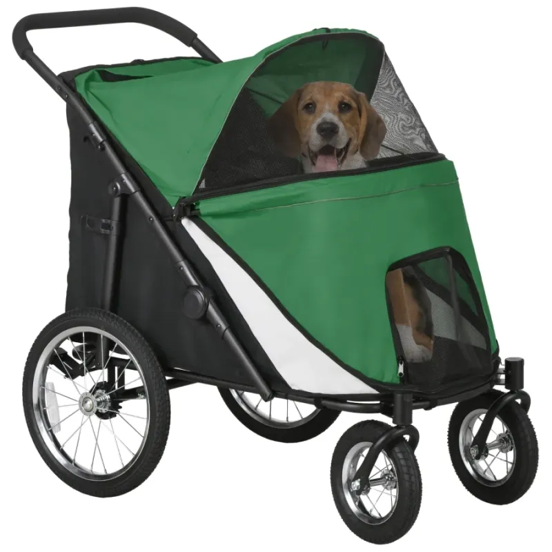 Large Foldable Pet Stroller with Inflatable Rubber Wheels - Dark Green
