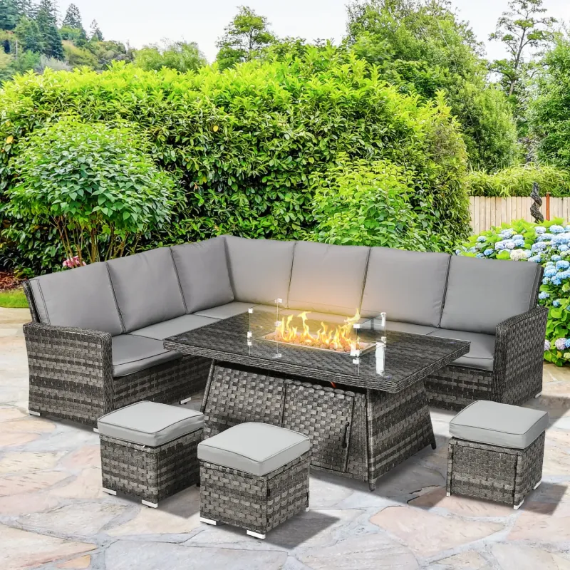  7-Seater Rattan Garden Sofa Set with Gas Fire Pit Table - Grey