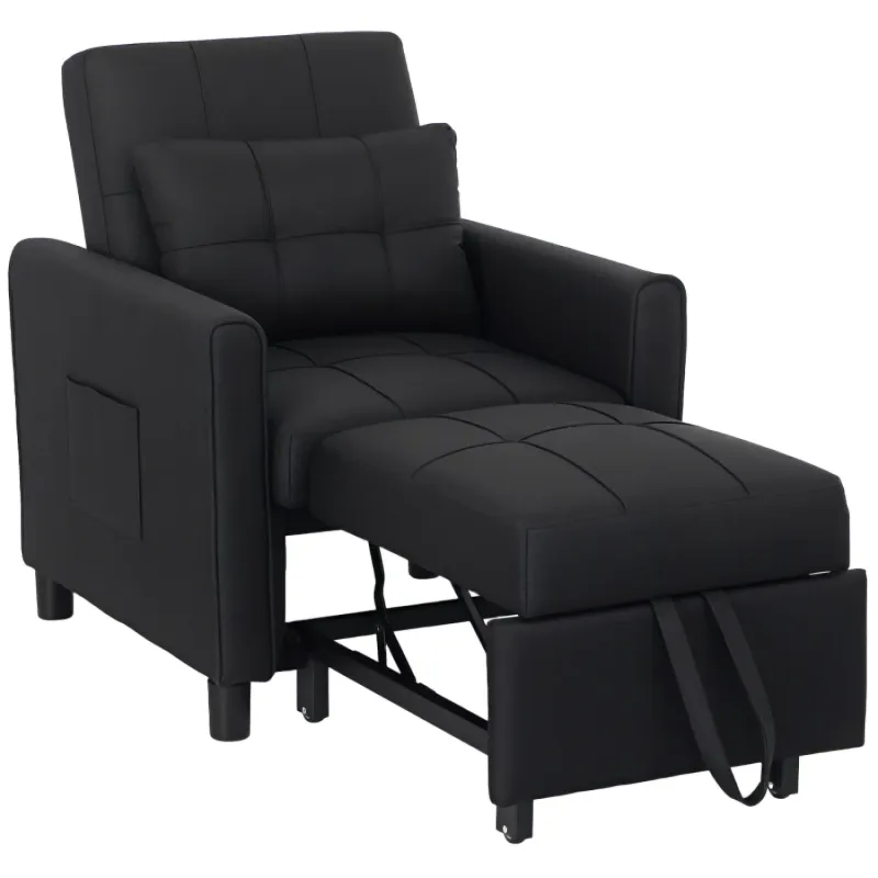 Black Linen-Look Single Chair Bed with 3-Position Reclining Backrest
