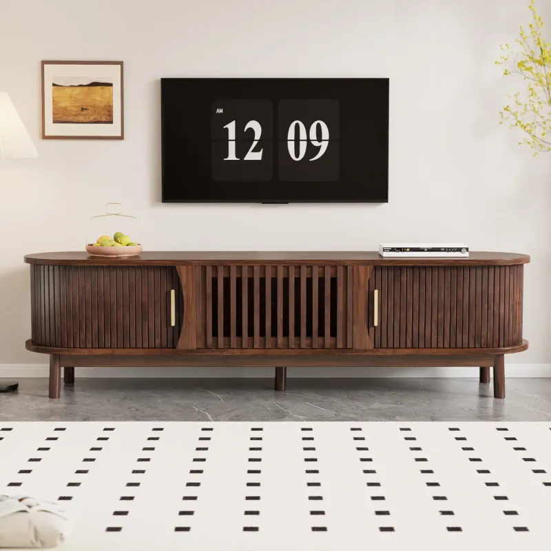 MDF TV Unit, 165cm, in Dark Wood, with Sliding Slat Doors and Rounded Corners