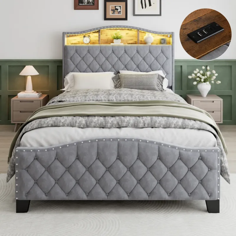 4ft6 Double Upholstered Storage Bed with LED Lights and Headboard Shelving in Grey Velvet