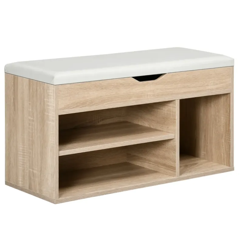 Hallway Shoe Storage Bench with Padded Seat and Hidden Compartment - Oak Tone