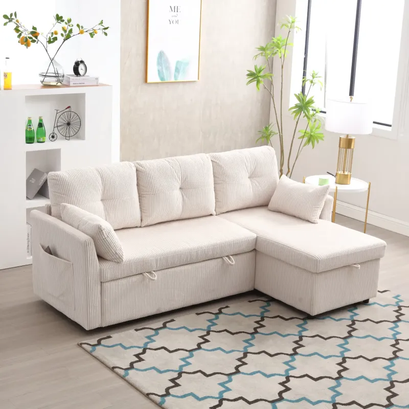 Beige Corduroy L-Shape Corner Sofa Bed with Pull-Out Bed and Storage Chaise