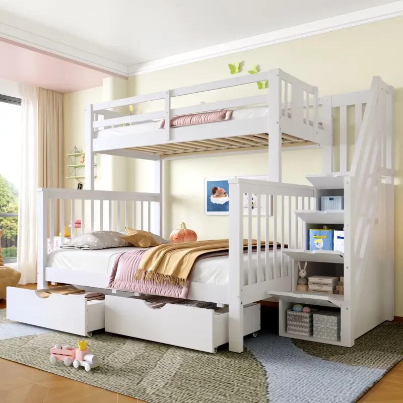 White Wooden Single over Double Bunk Bed with Integrated Storage Stairs