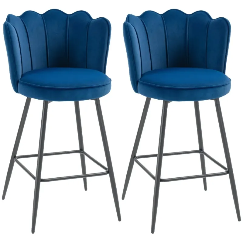  Set of 2 Scalloped Velvet-Feel Bar Stools - Dark Blue