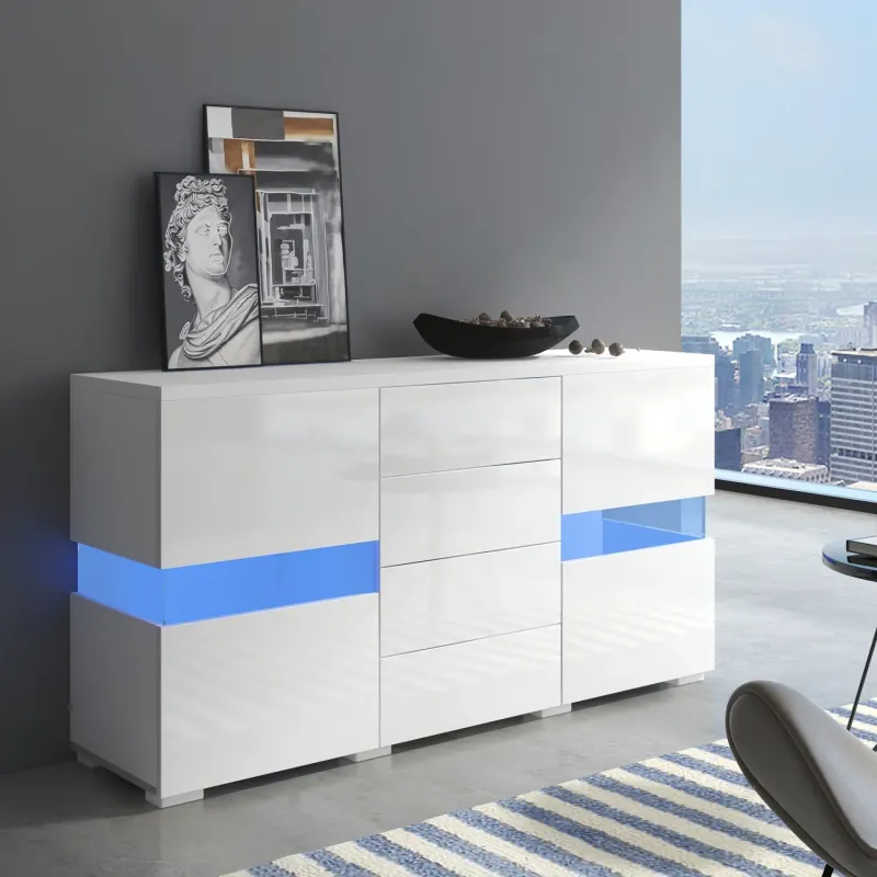 140cm White Sideboard with App-Controlled LED Lights, 2 Doors and 4 Drawers