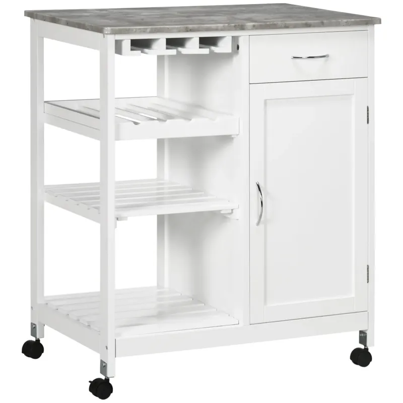 Compact Kitchen Island Trolley with Marble-Effect Top and Wine Rack, White