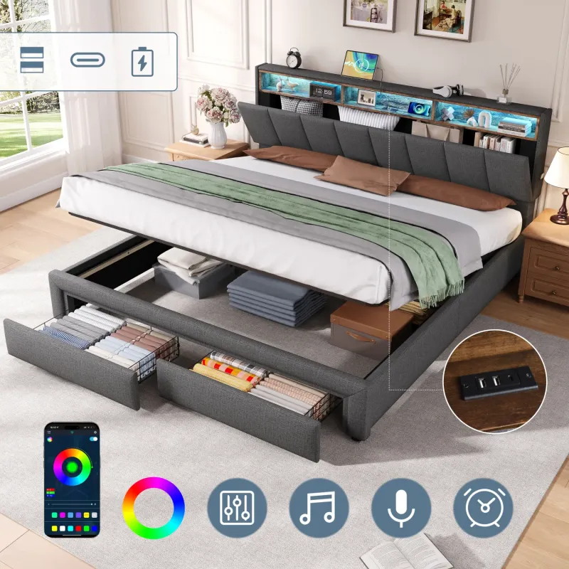 Super King Upholstered Ottoman Bed with LED Storage Headboard & Charging Station, Grey