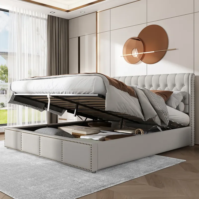 Linen Ottoman Storage Double Bed with Rivet Detail, Light Grey