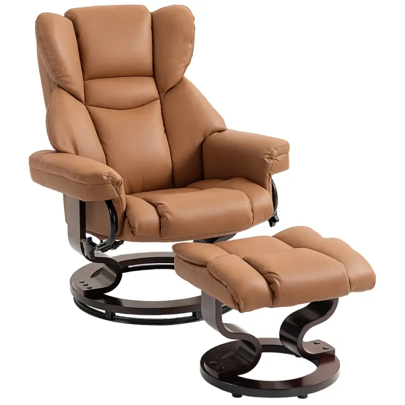 360° Swivel Brown PU Leather Recliner Chair with Matching Footstool