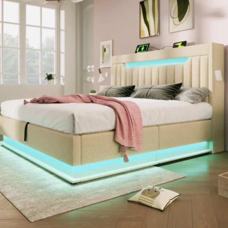 4ft6 Double Beige Linen Upholstered Hydraulic Storage Bed with LED & USB Charging
