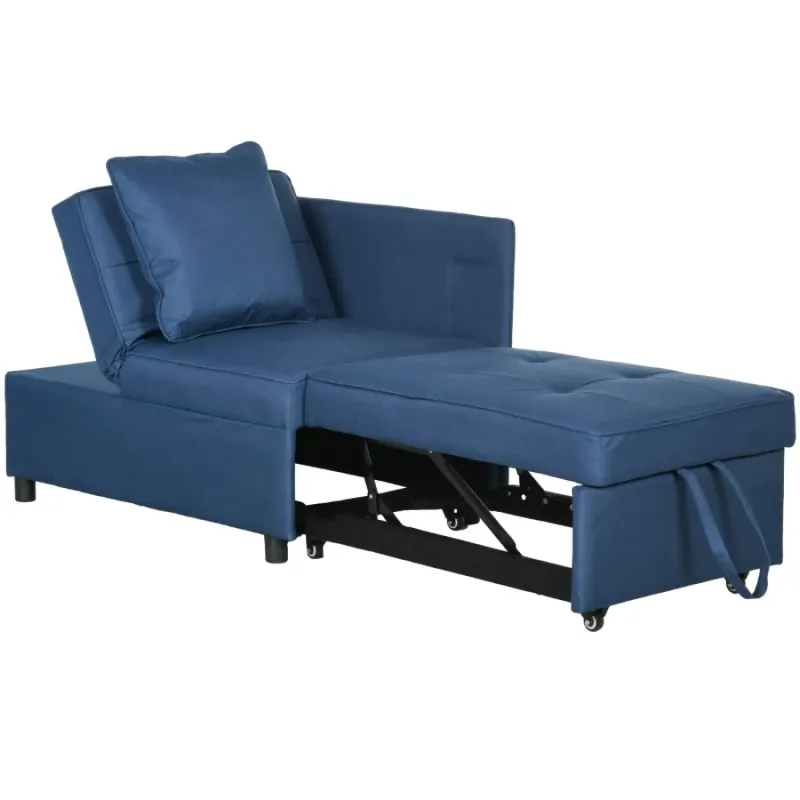 3-in-1 Convertible Single Sofa Bed Chair with 5-Position Backrest and 2 Pillows - Blue