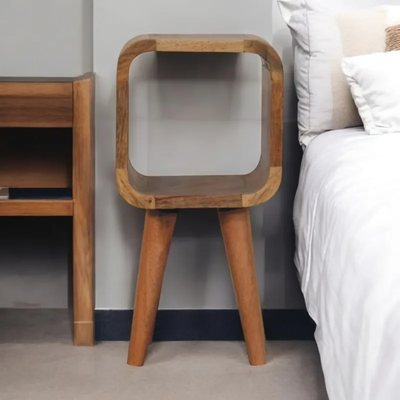 Minimalist Open Curved Solid Wood Bedside Table - Oak-ish Finish