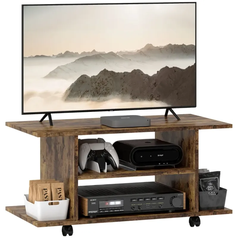 Particle Board TV Unit, 80cm, in Rustic Brown, with Mobile Casters