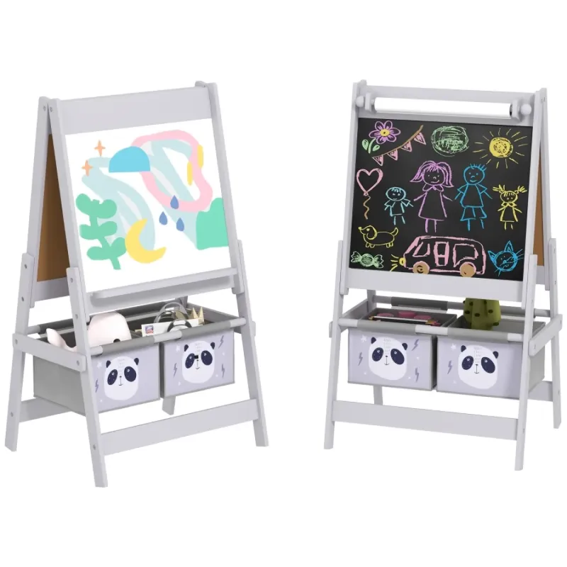 3-in-1 Kids Wooden Art Easel with Storage & Paper Roll - Grey