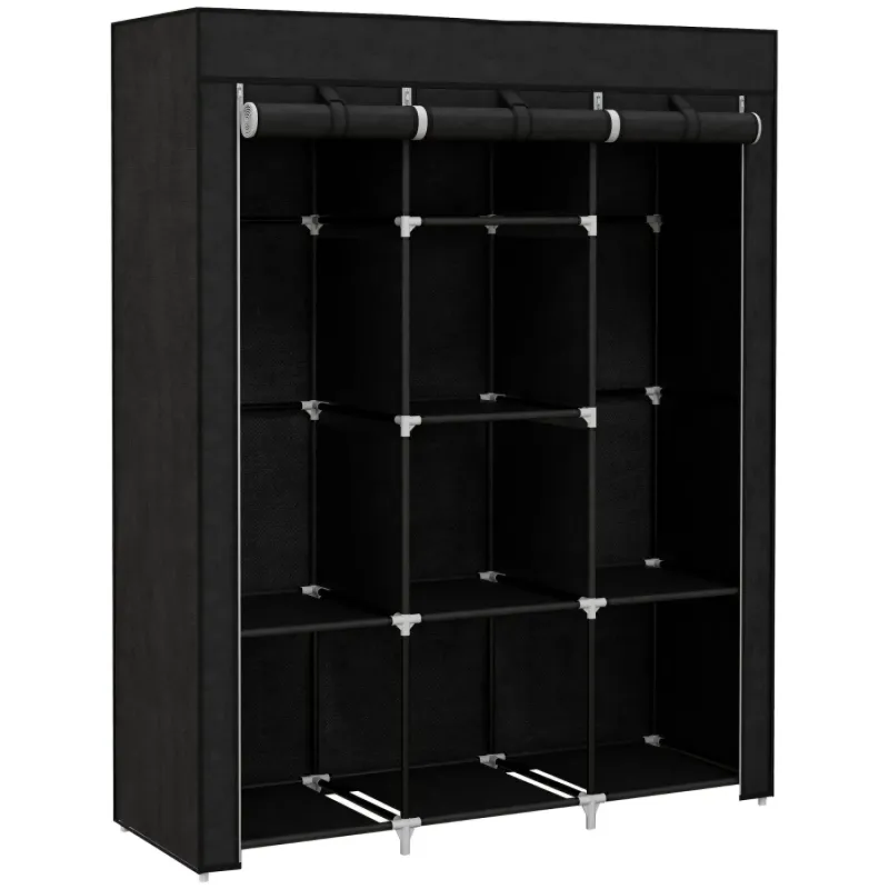 Fabric Wardrobe with 2 Rails and 8 Shelves - Black