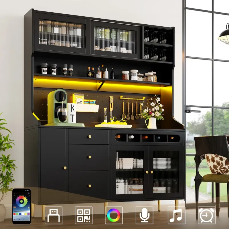 Kitchen Larder Cupboard with App-Controlled LED Lighting and Wine Rack - Black
